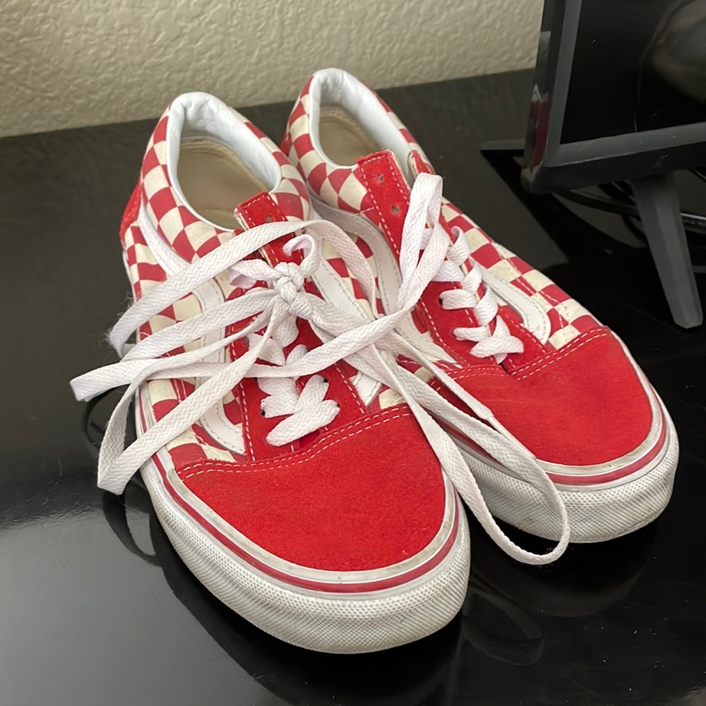 Red checkered skater Vans with laces like new